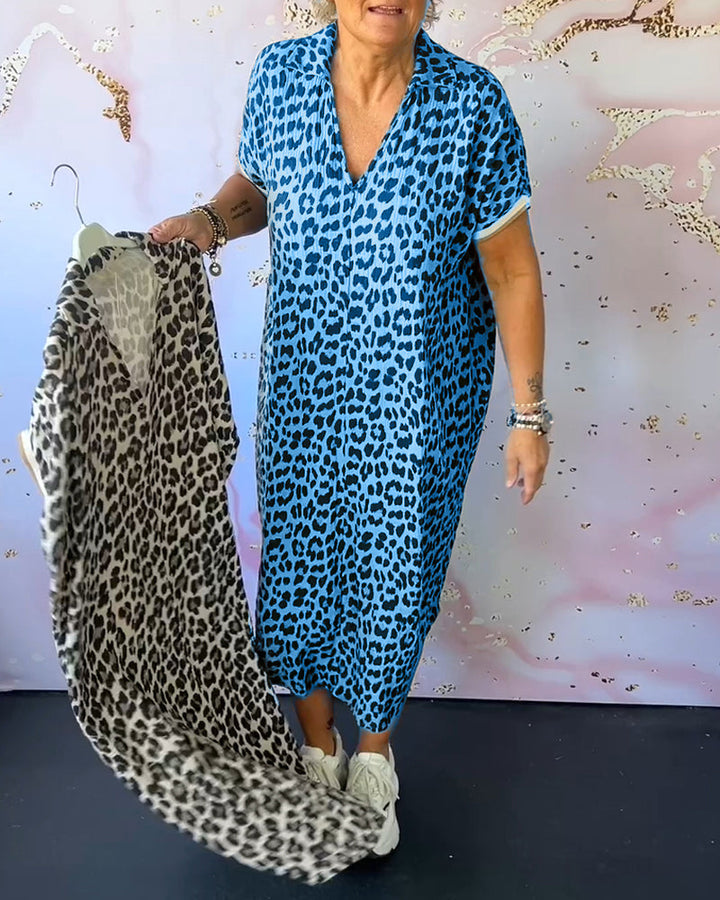 Short-sleeved dress with leopard print and V-neck